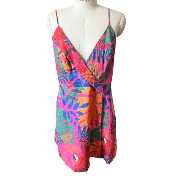 Farm Rio Linen Bright Macaw Side Buttons Mini Dress Size Large - Picture 2 of 10